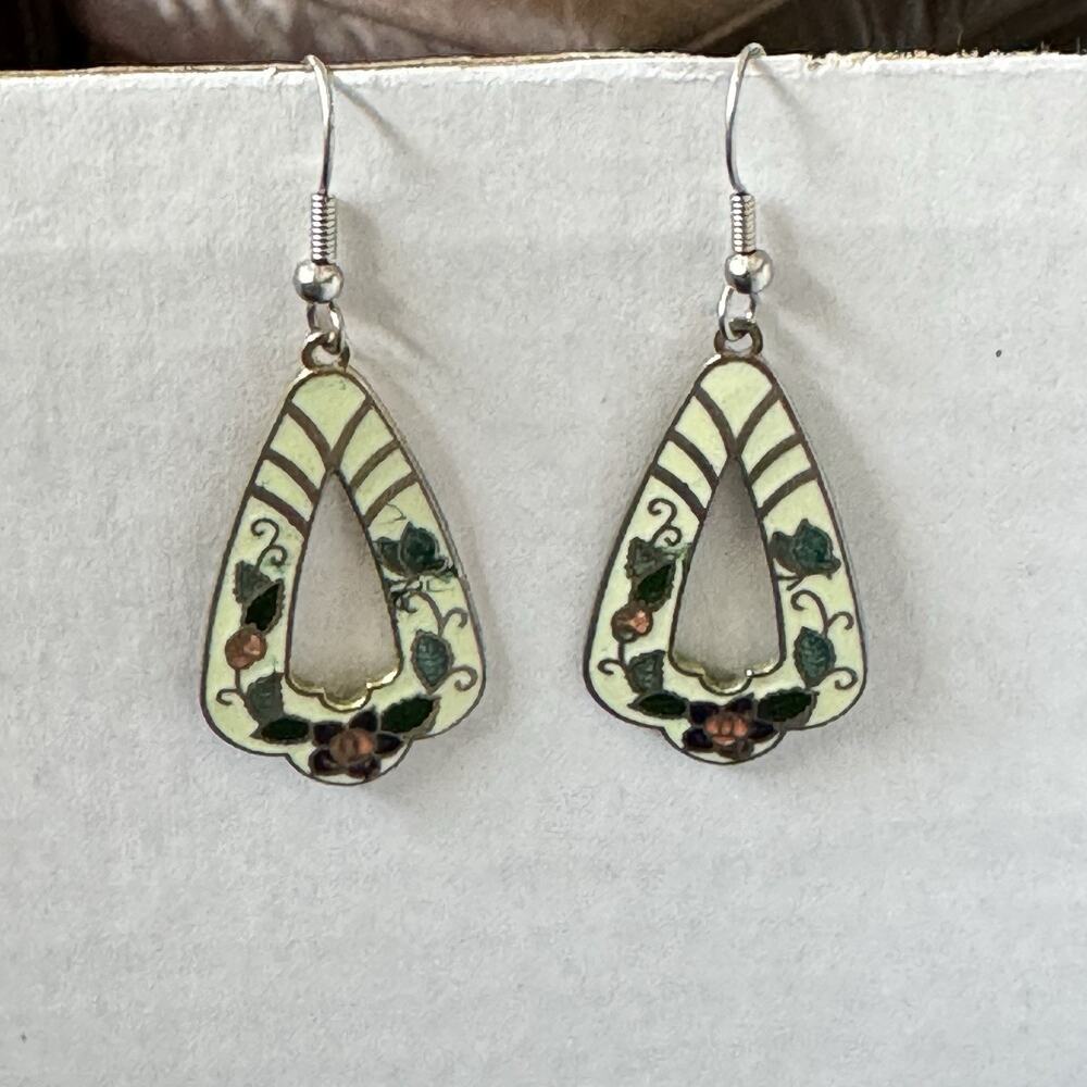 Vintage Teardrop Cloisonné Enamel Flower Dangle Earrings‎ Colorful Gold Trim
